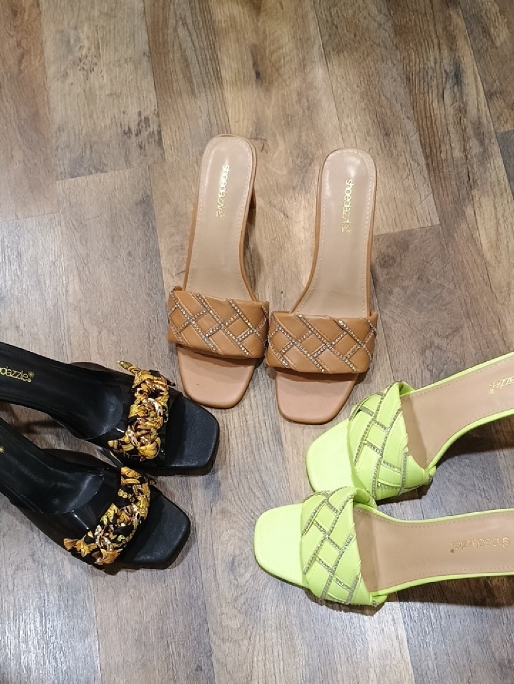 Shoe Dazzle Braided Slide Mules in Tan, Neon Green & Black